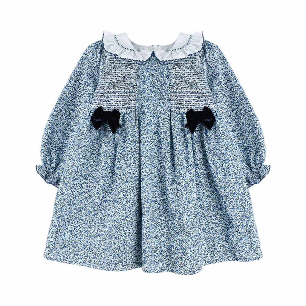 Vestido de Flores Azules con Nido de Abeja Lazo Terciopelo