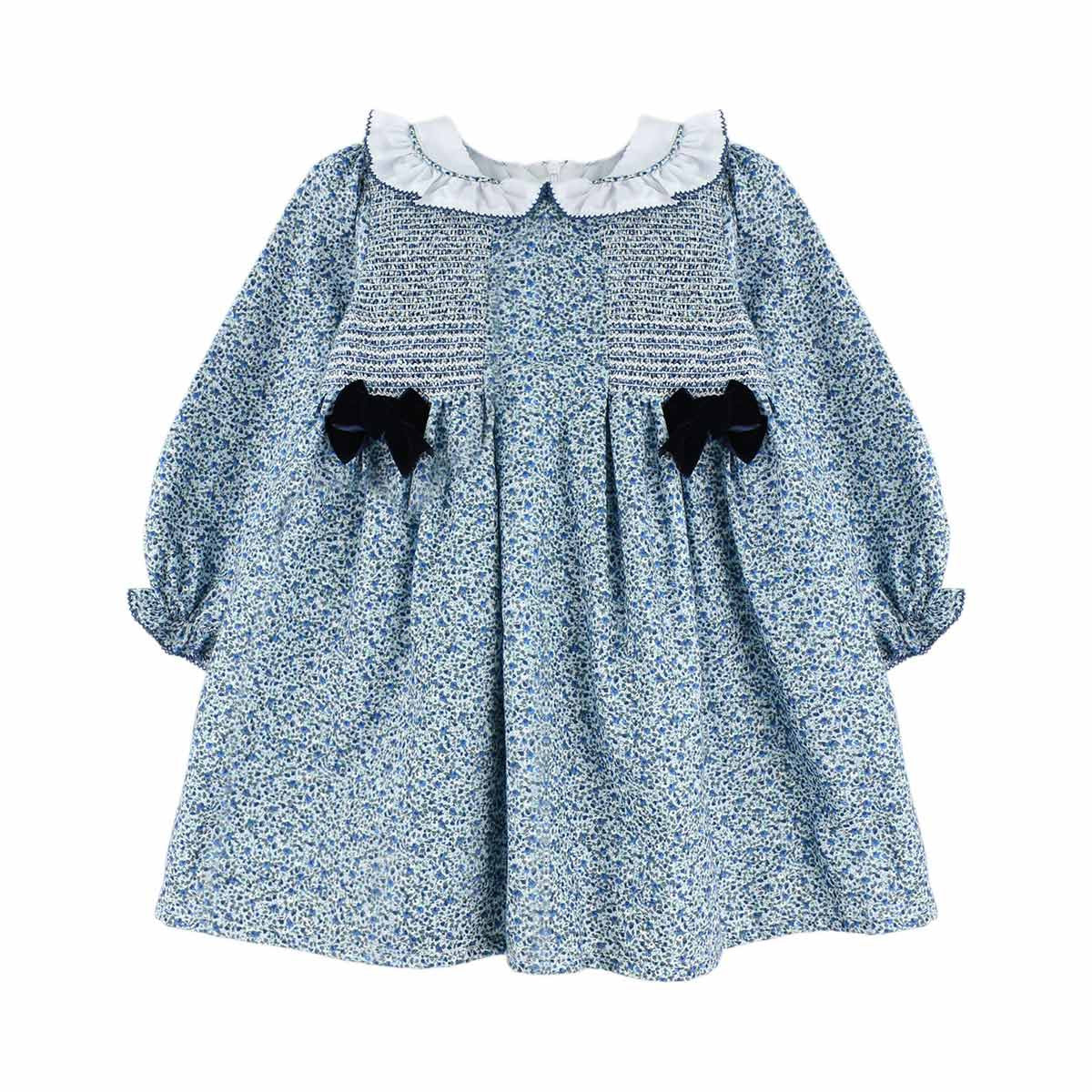 Vestido de Flores Azules con Nido de Abeja Lazo Terciopelo
