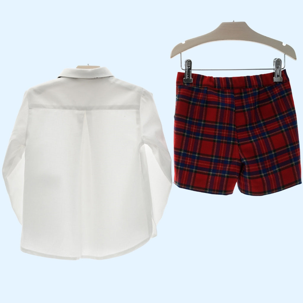 Conjunto Bermuda Tartan Rojo con Pajarita Terciopelo Colección Dedal