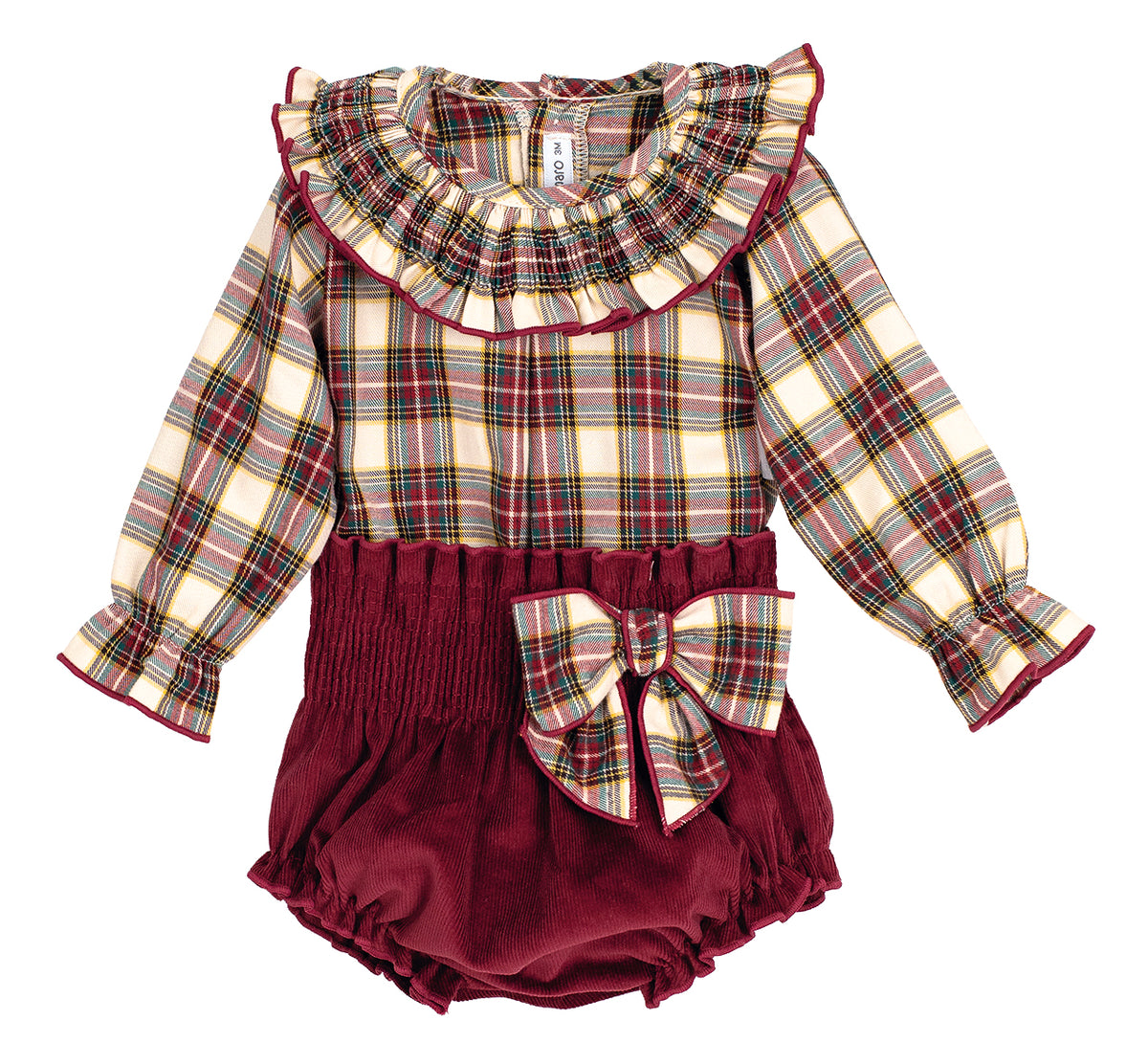 Conjunto Bombacho Pana Granate con Lazo y Camisa a Cuadros