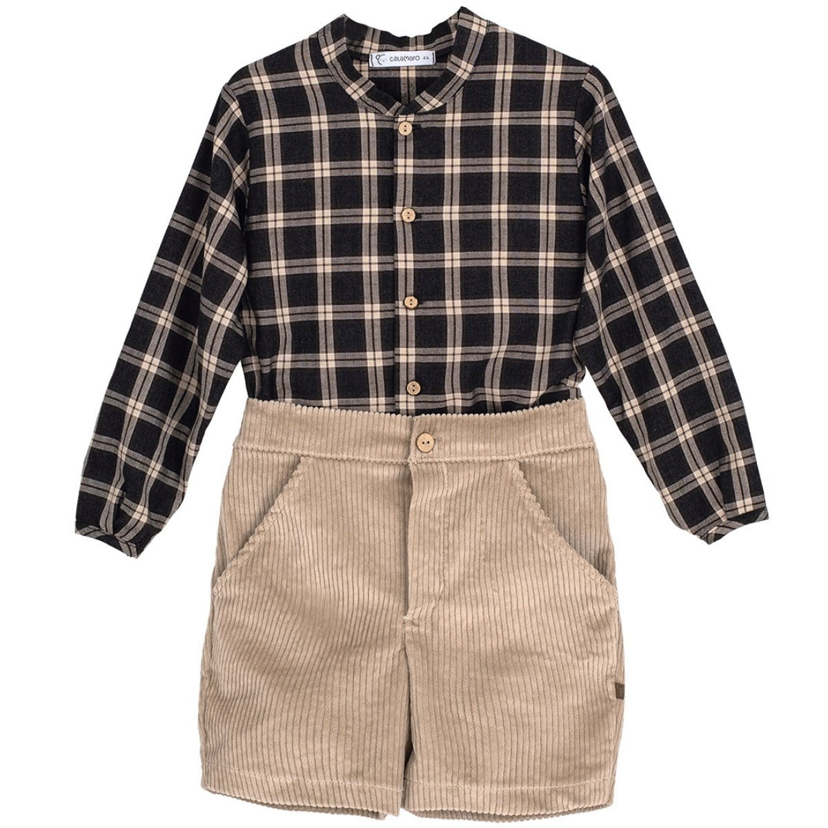 Conjunto Bermuda Pana Beige y Camisa Gris Plomo y Beige Colección Tramontana