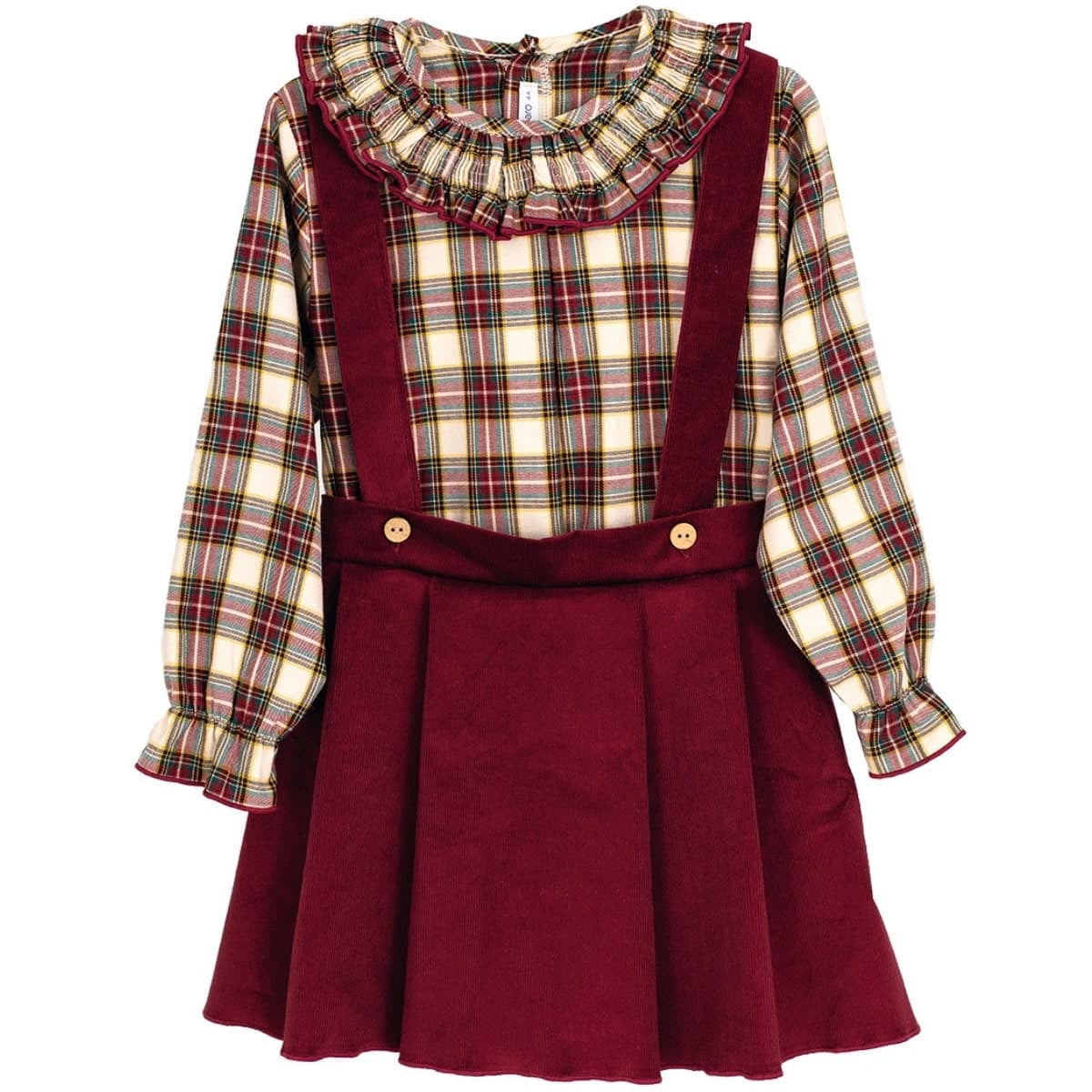 Conjunto Vestido Tirantes de Pana Granate y Camisa