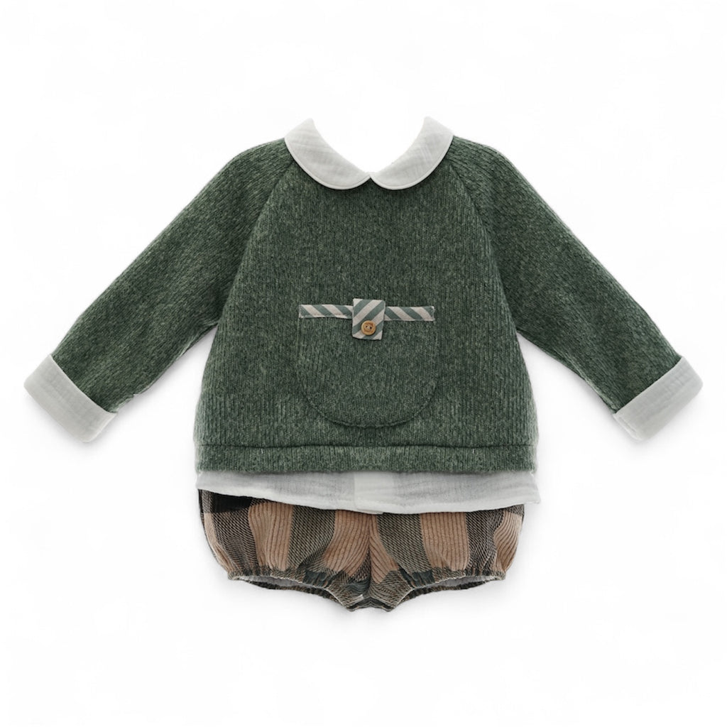 Conjunto Angora Sueter Verde Empolvado y Bombacho de Cuadros