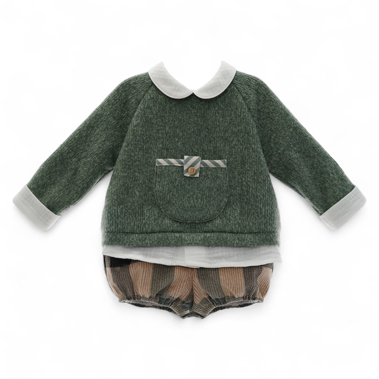 Conjunto Angora Sueter Verde Empolvado y Bombacho de Cuadros