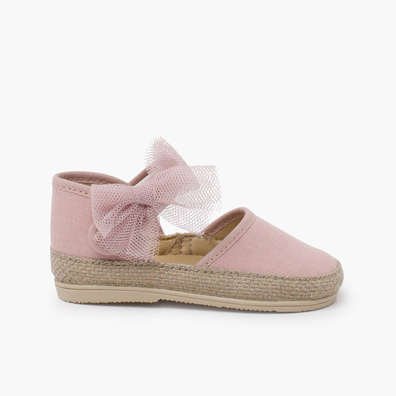Espadrillas de Lona con Cierre Autoadherente y Lazo de Tul Removible Rosa Palo