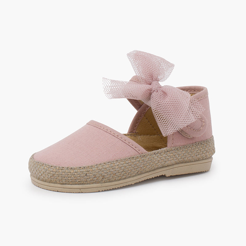 Espadrillas de Lona con Cierre Autoadherente y Lazo de Tul Removible Rosa Palo