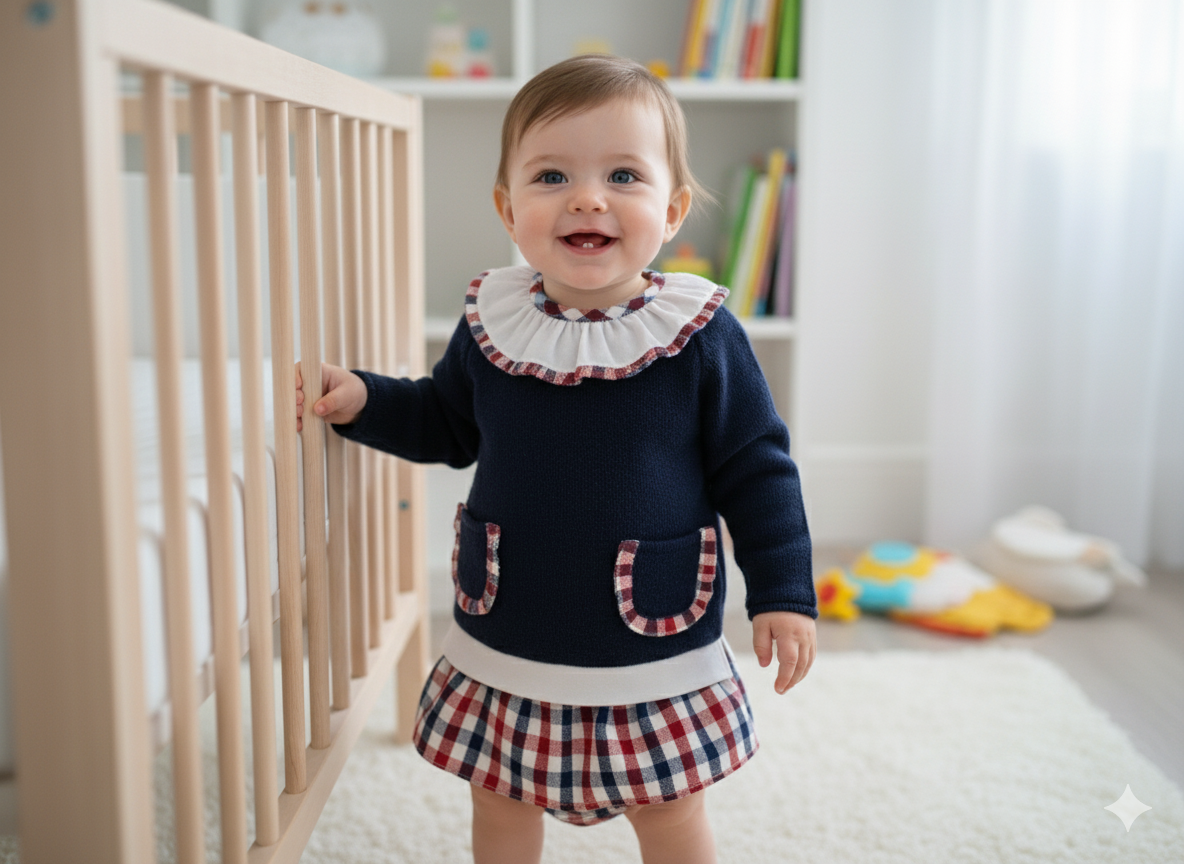 Conjunto Suéter Marino Glitter con Cubre Pañal de Falda a Cuadros