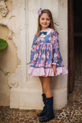 Vestido Talle Alto Estampado Flores Rosa y Gris