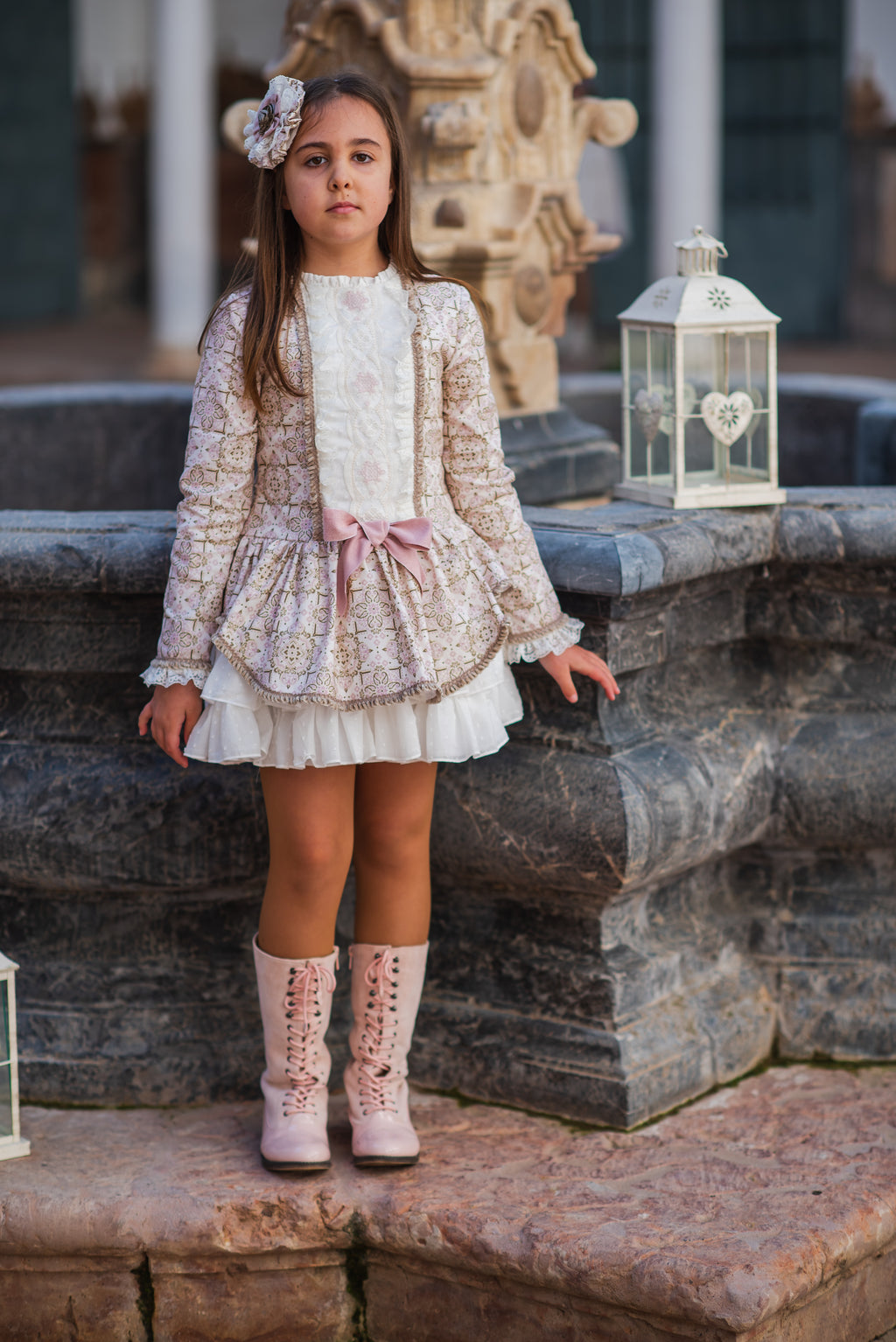 Vestido Talle Bajo Estampado Damasco Rosa