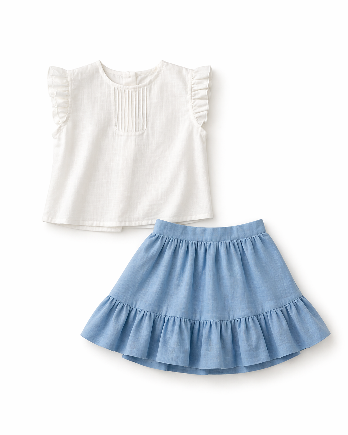 Conjunto en Lino Blusa Blanca y Falda en Azul Cielo