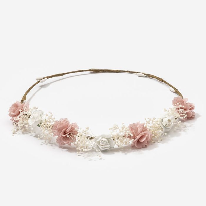 Corona Ceremonia Flores Pequeñas Rosa Palo y Gypso Natural