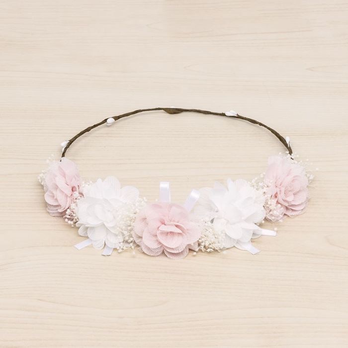 Corona Ceremonia Flores Grandes Rosa Bebe, Marfil y Gypso Natural