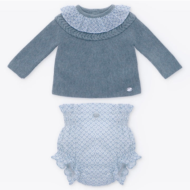 Conjunto con Sweter Tejido Porcelana Azul Noche y Cubre Panal