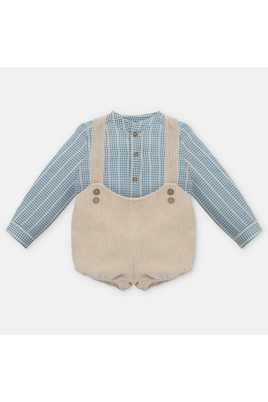 Conjunto Tirantes Beige en Pana y Camisa Manga Larga de Rayas