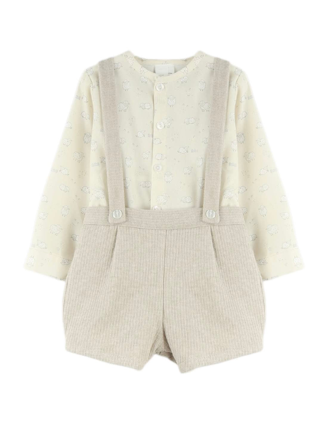 Conjunto Tirantes Beige de Pana y Camisa de Orejitas