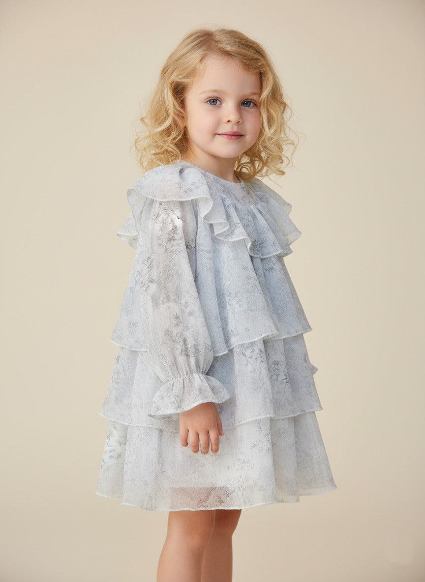 Vestido Estampado Bosque Indigo con Capas Manga Larga