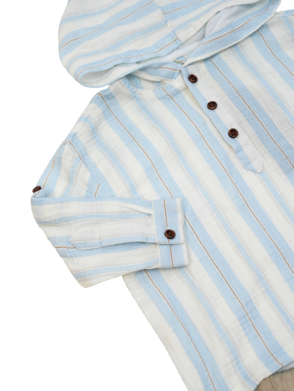 Conjunto de Camisa con Capucha de Rayas Azul Celeste con Beige y Pantalones a Juego
