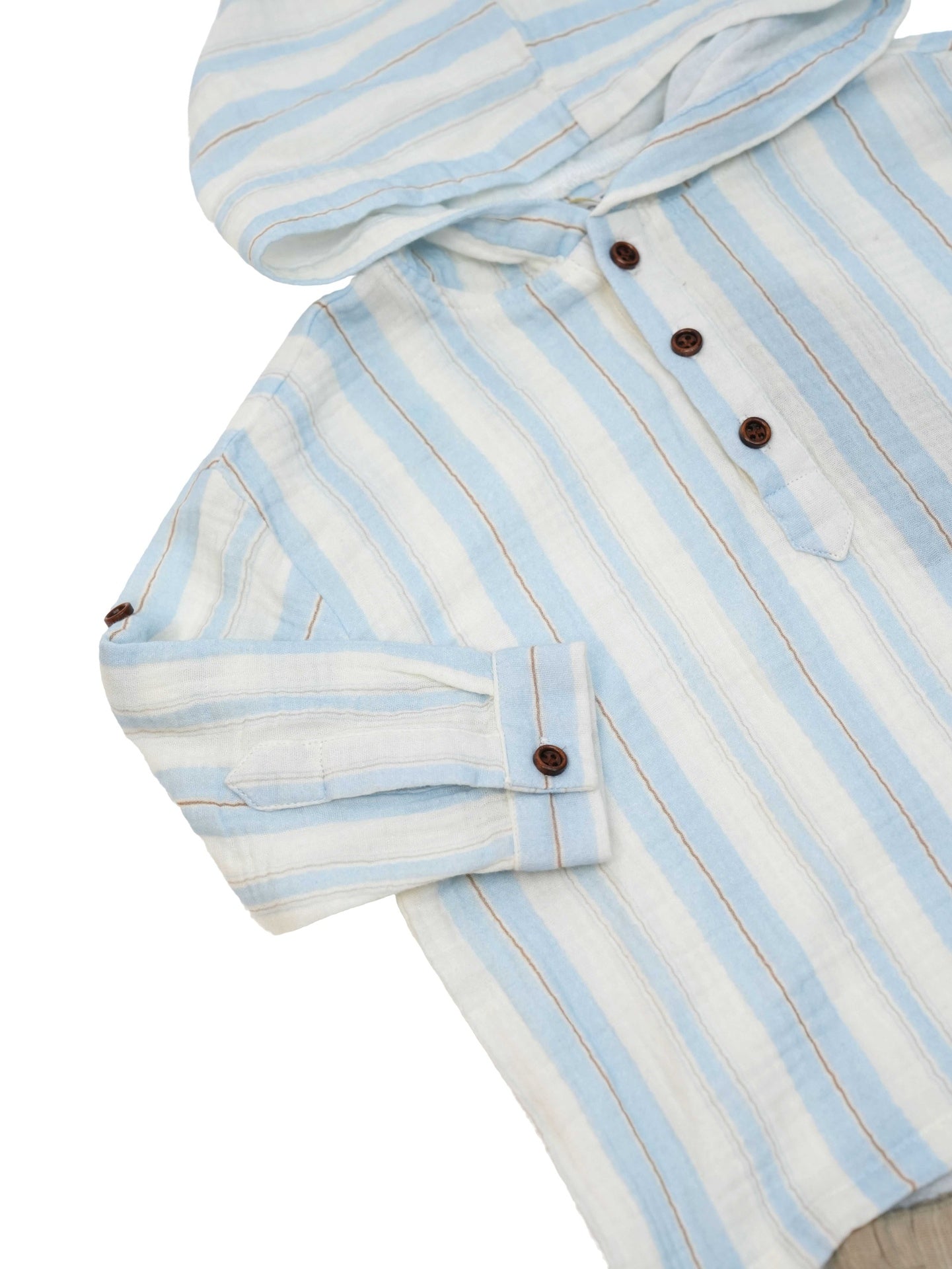 Conjunto de Camisa con Capucha de Rayas Azul Celeste con Beige y Pantalones a Juego