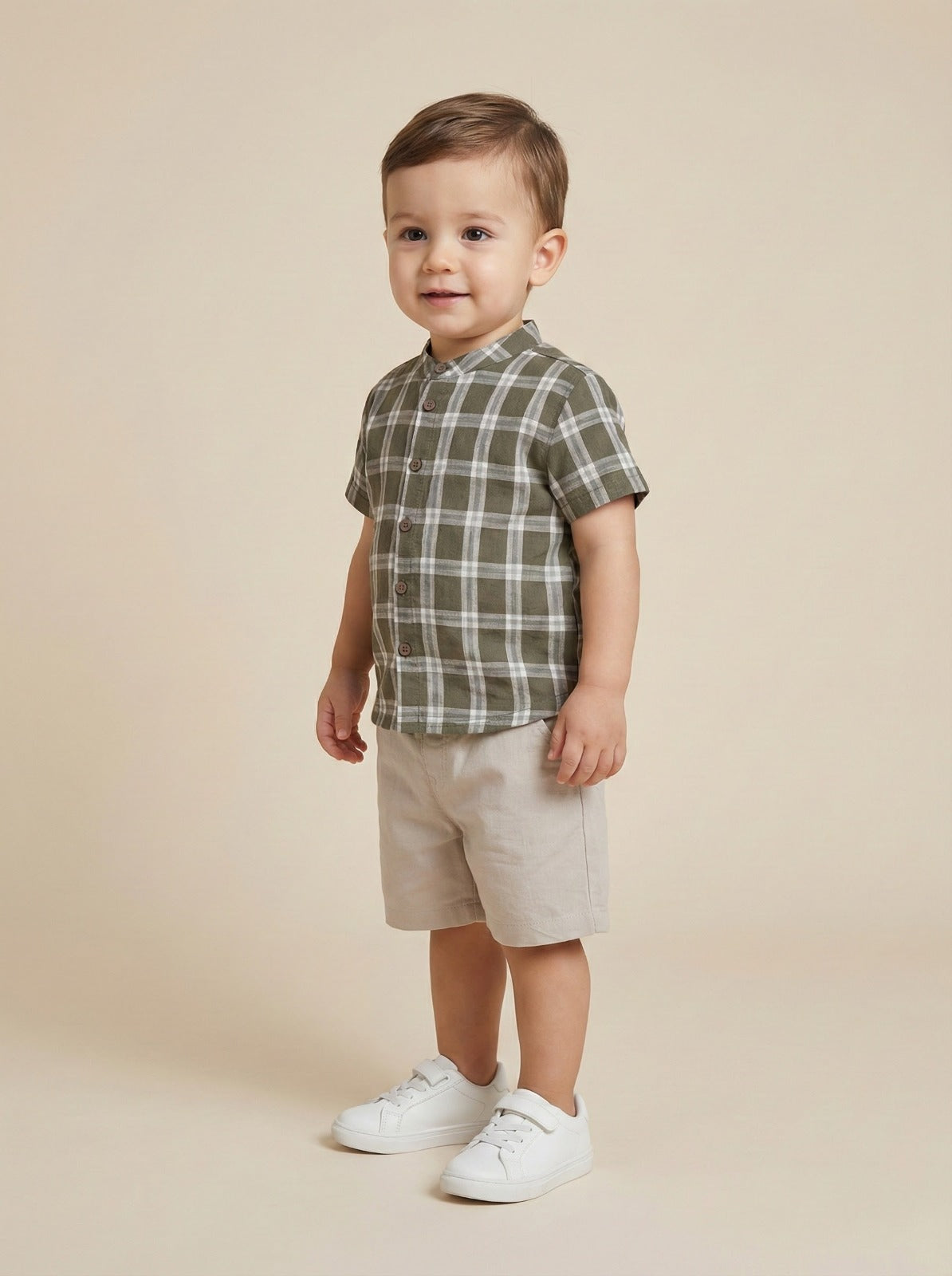Conjunto Camisa Cuello Mao Cuadros Kaki con Bermuda Crudo