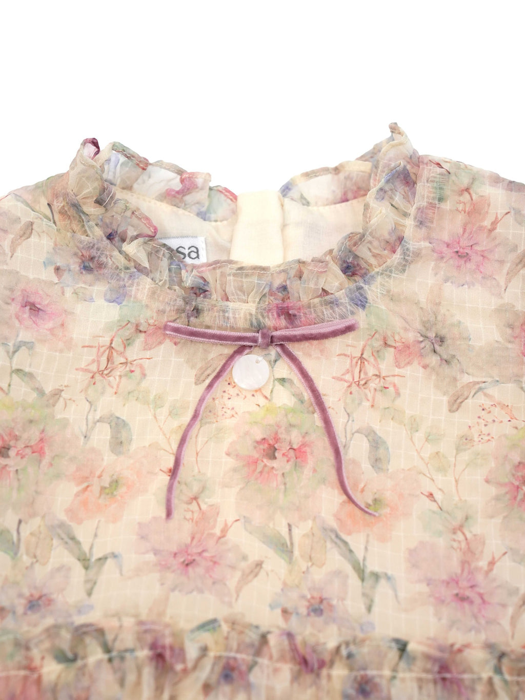 Vestido Estampado Floral Rosa con Capas y Lazo en Terciopelo