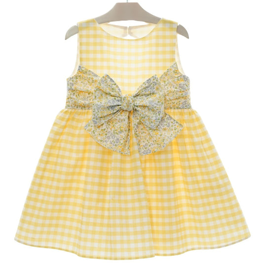 Vestido Vichy Amarillo Pastel con Maxi Lazo Estampado y Detalle en Espalda