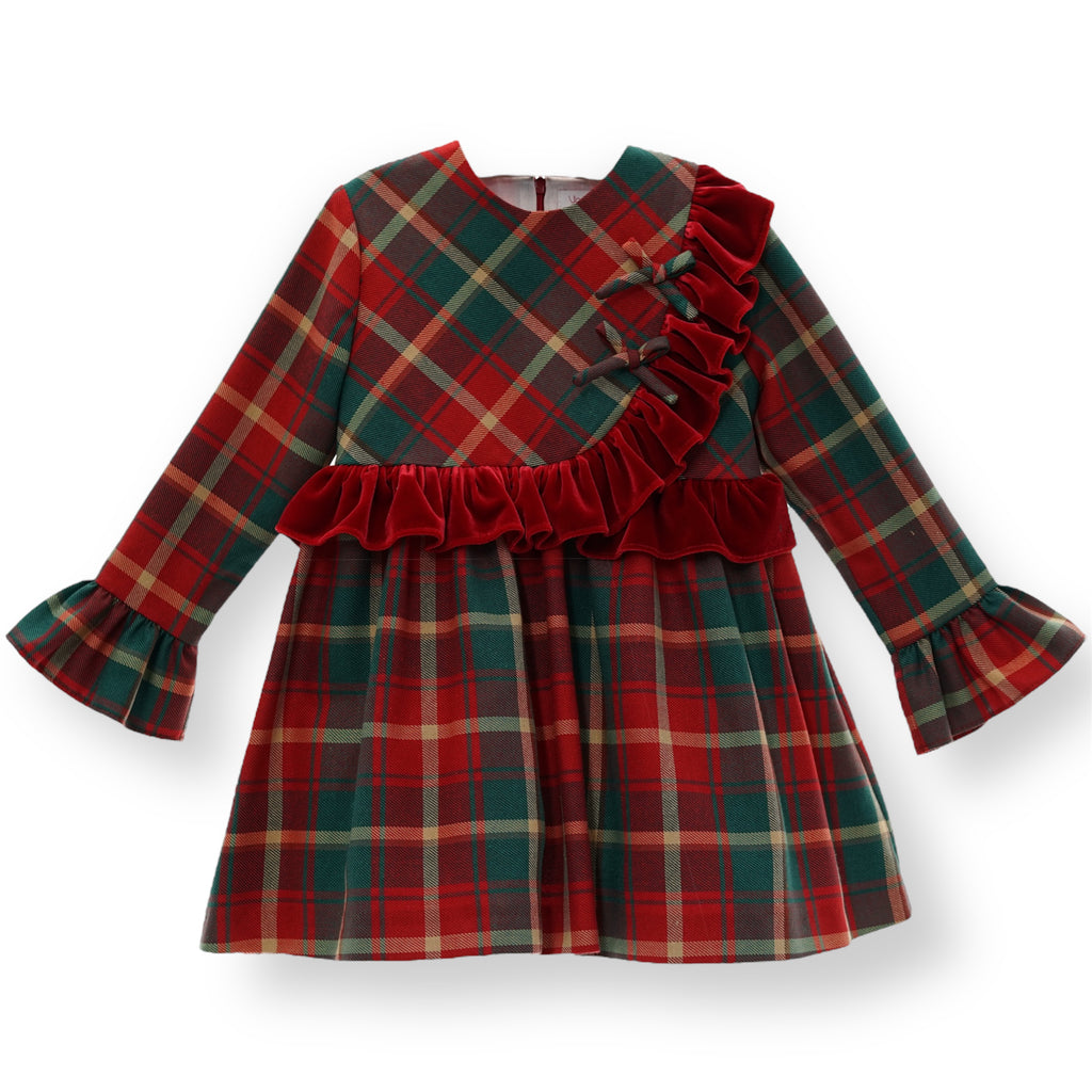Vestido Colección Tartan Rojo y Verde con Volados de Terciopelo
