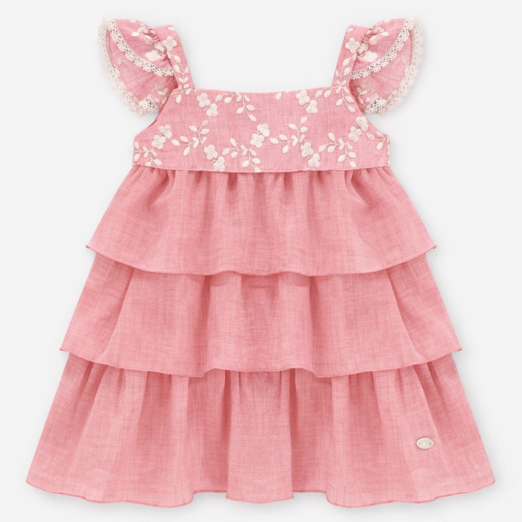 Vestido Rosa Empolvado Flores Bordadas Crema Surrey