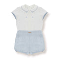 Conjunto Ceremonia de Lino Camisa Cuello Peter Pan y Bombacho Azul Empolvado Victoria