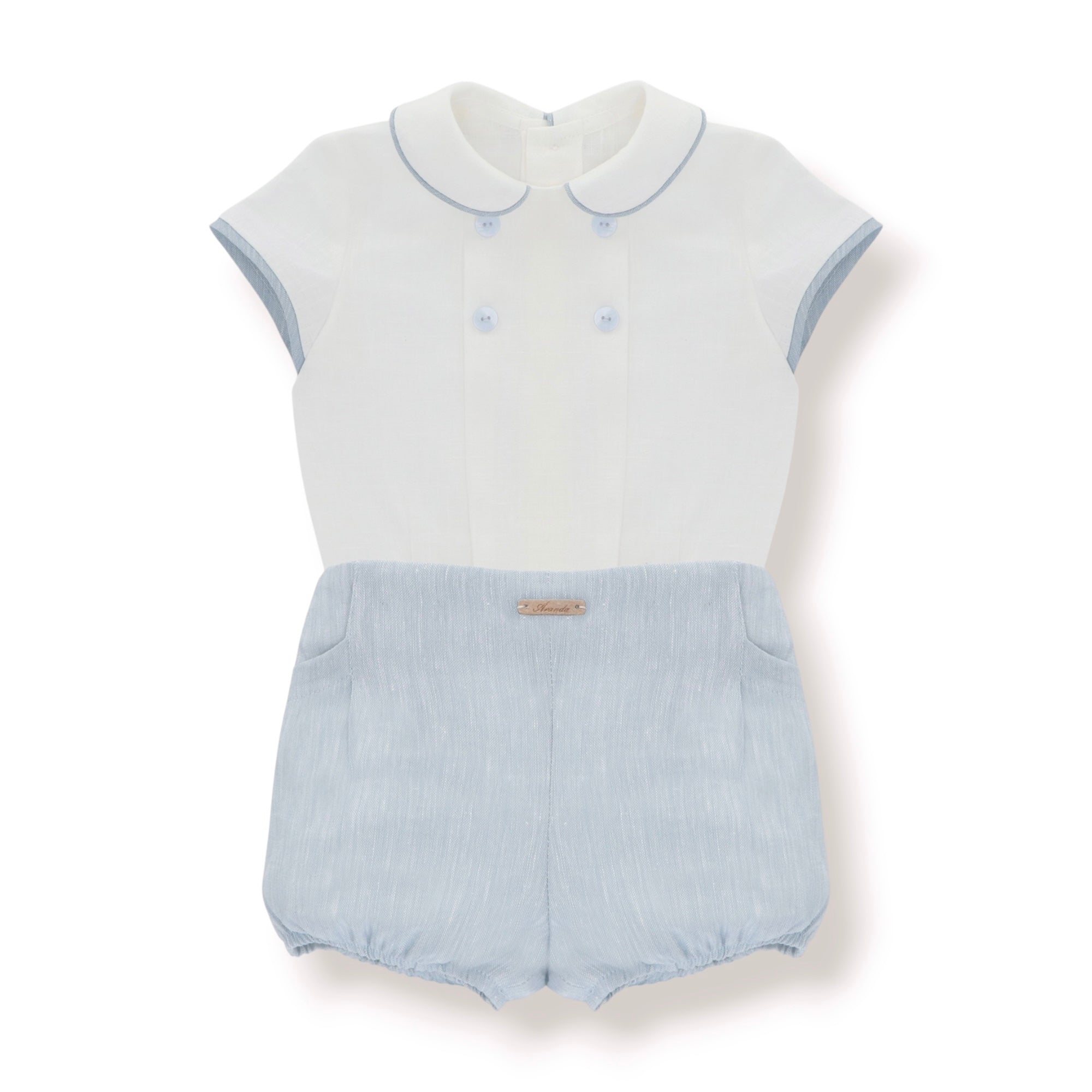 Conjunto Ceremonia de Lino Camisa Cuello Peter Pan y Bombacho Azul Empolvado Victoria