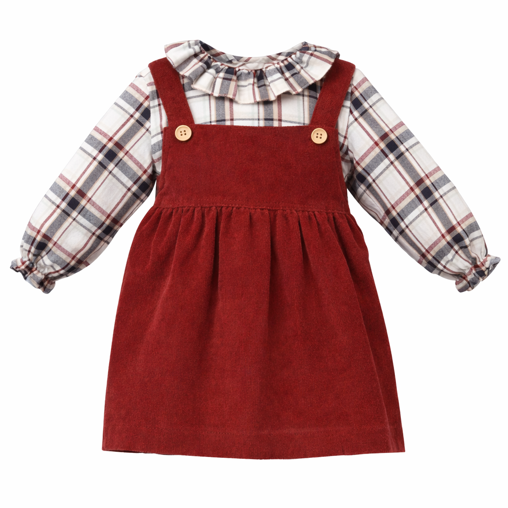 Conjunto Vestido Granate y Camisa de Cuadros