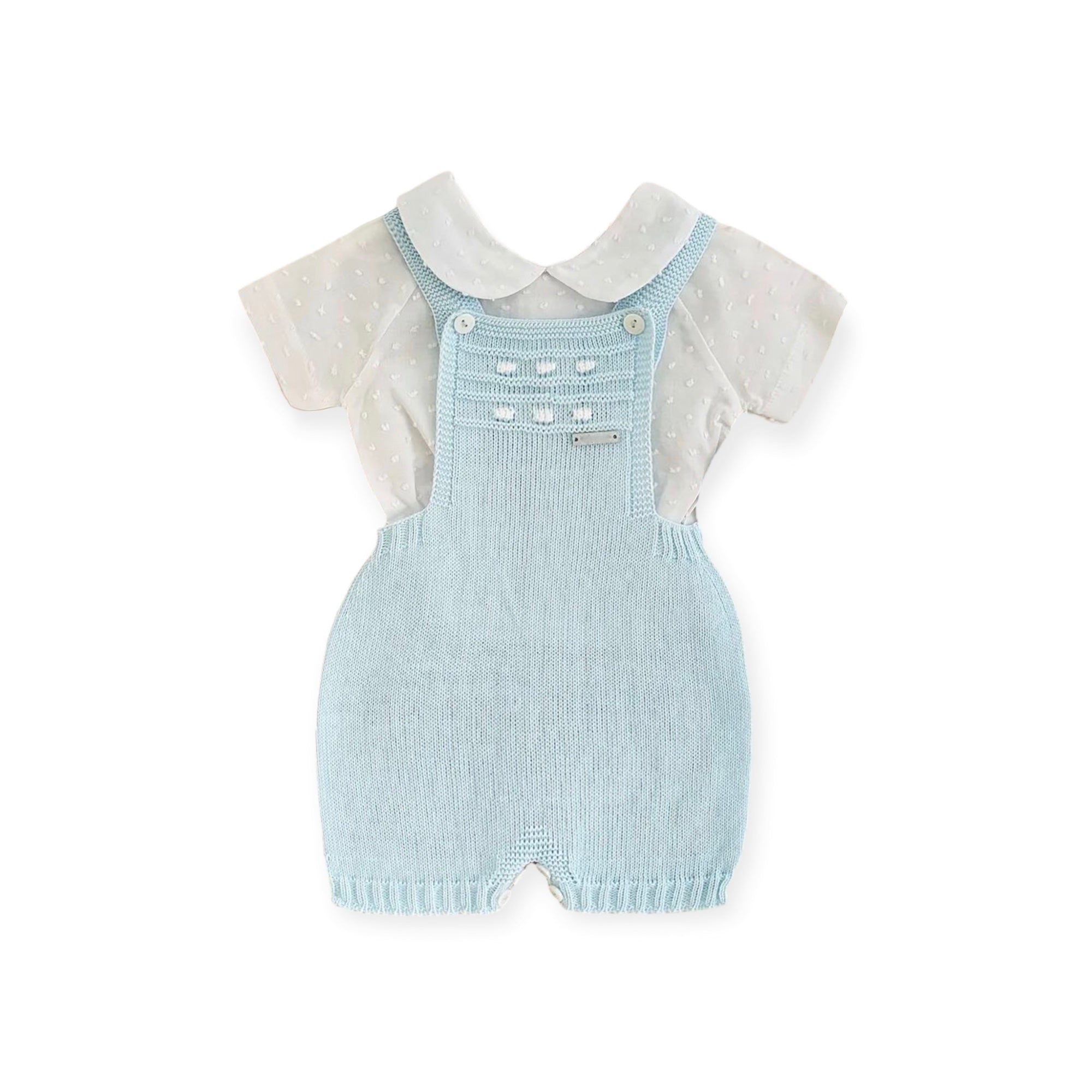 Ranita Tejida Azul Bebé con Camisa Cuello Peter Pan Plumeti
