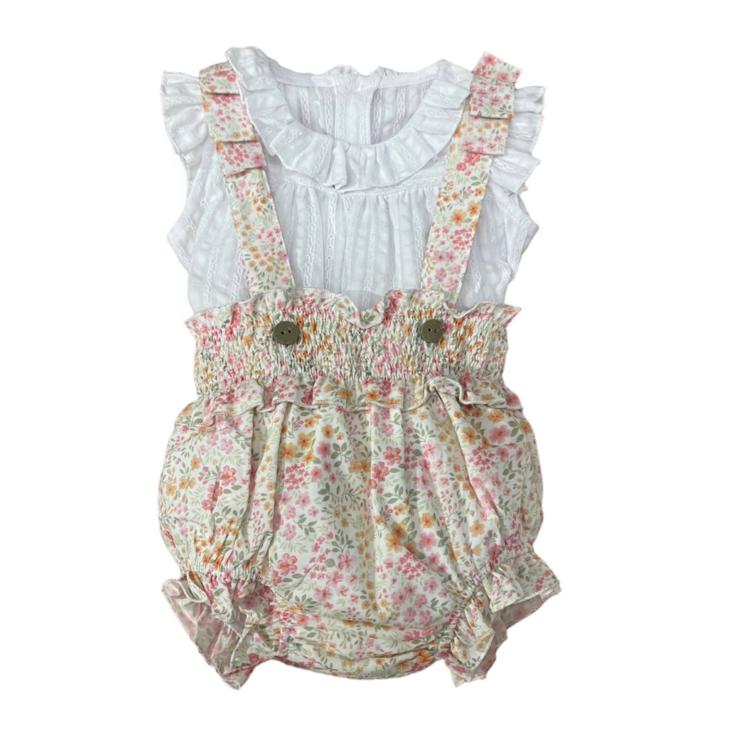 Conjunto Ranita Floral con Nido de Abeja y Camisa Bordada