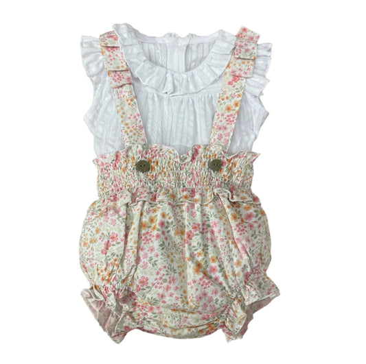 Conjunto Ranita Floral con Nido de Abeja y Camisa Bordada