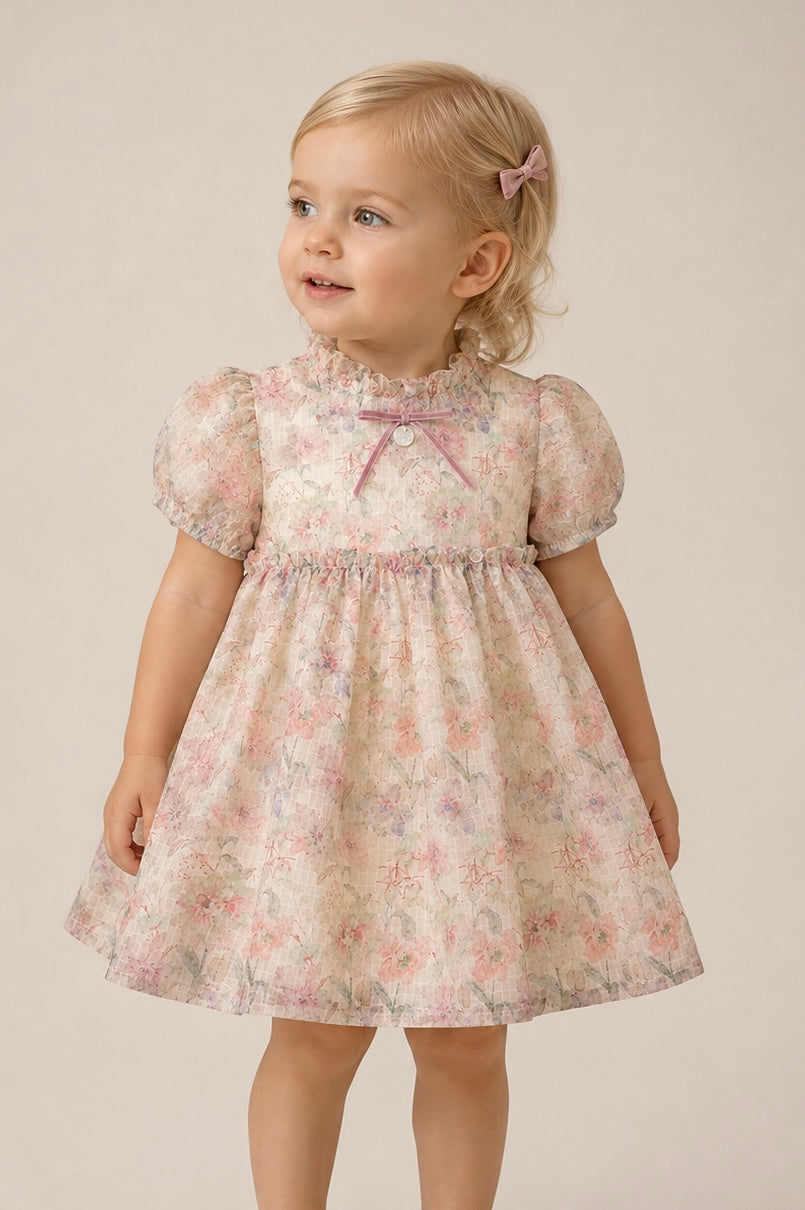 Vestido Estampado Floral Rosa con Lazo en Terciopelo