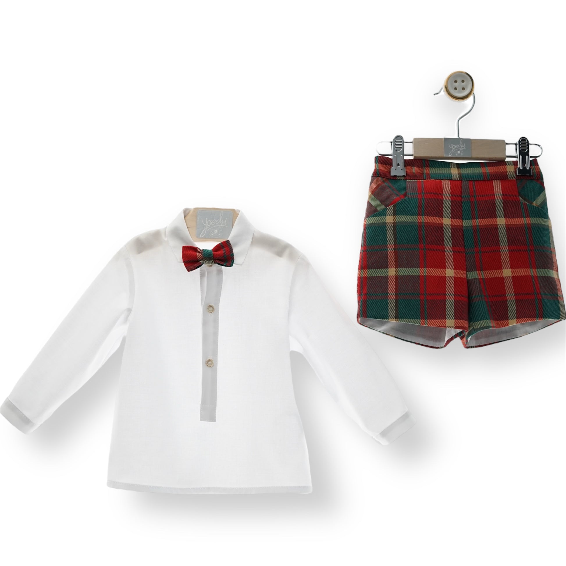 Conjunto Bebe Colección Tartan Bermuda con Pajarita y Camisa Blanca
