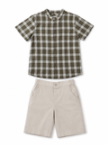Conjunto Camisa Cuello Mao Cuadros Kaki con Bermuda Crudo