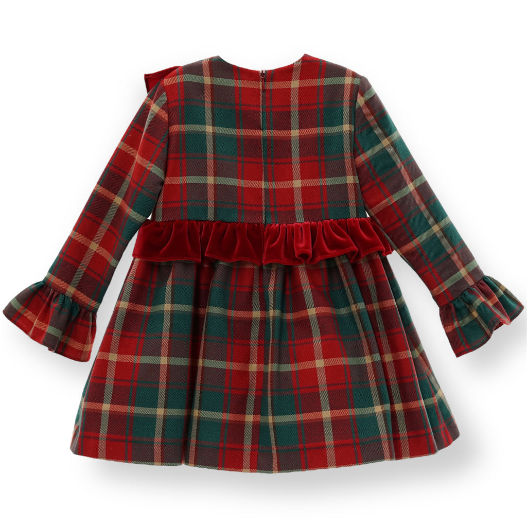 Vestido Colección Tartan Rojo y Verde con Volados de Terciopelo