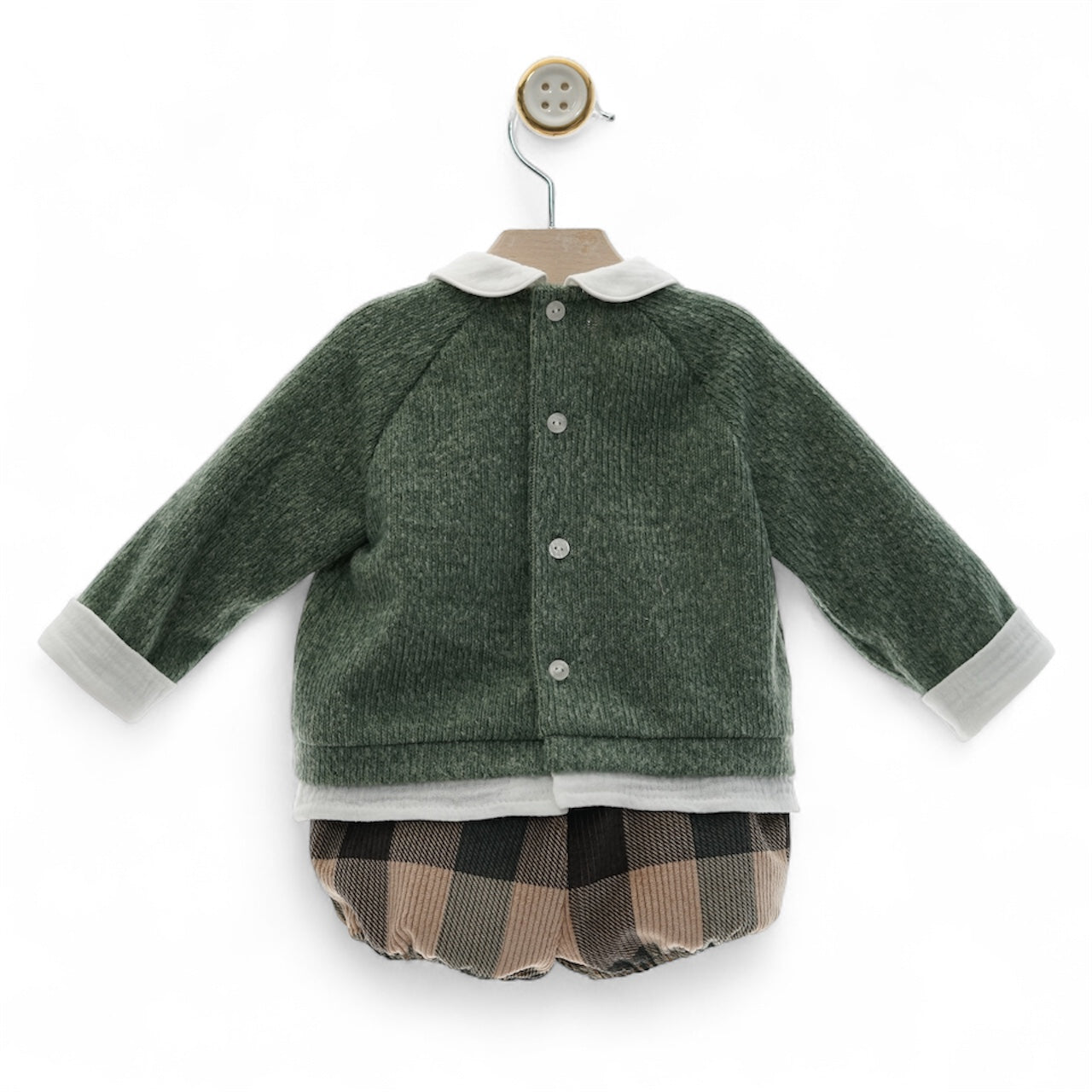 Conjunto Angora Sueter Verde Empolvado y Bombacho de Cuadros