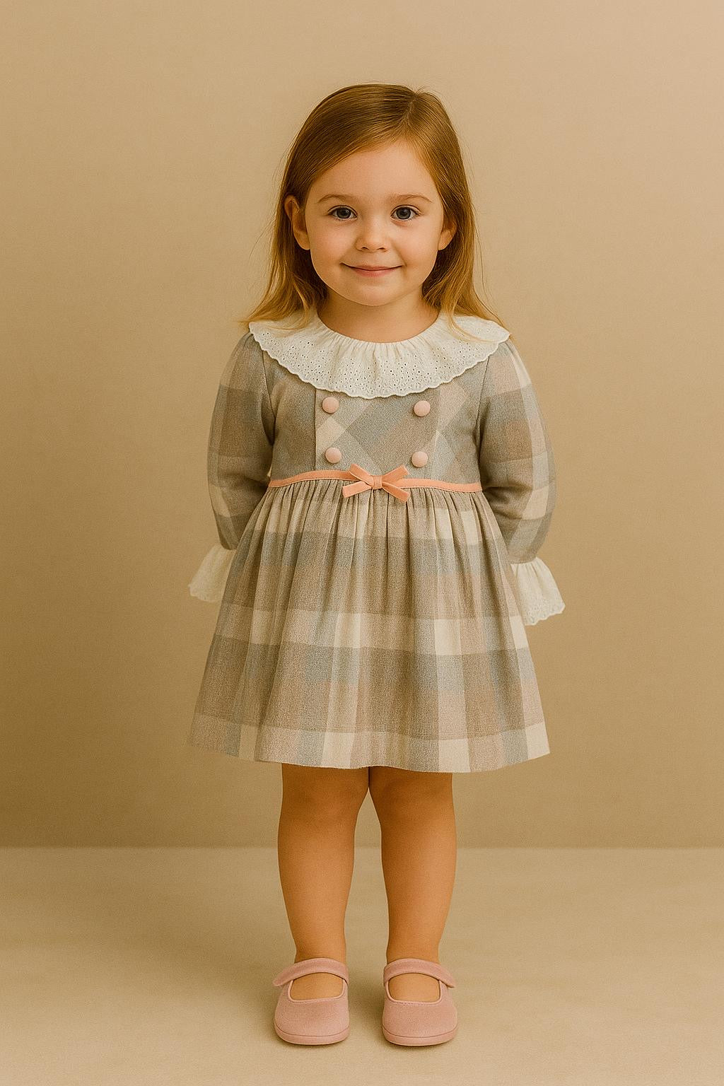 Vestido de Cuadros con Detalles en Terciopelo Rosa Bebe