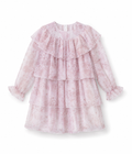 Vestido Estampado Bosque Rosa con Capas Manga Larga