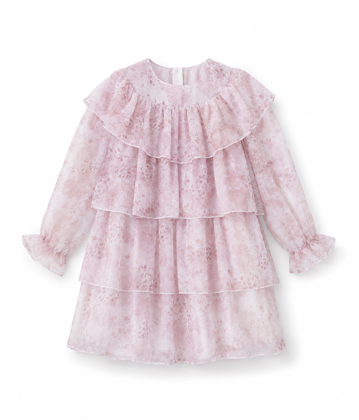 Vestido Estampado Bosque Rosa con Capas Manga Larga