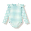 Traje de Bano Entero Manga Larga Cuadros Verde Agua Coral