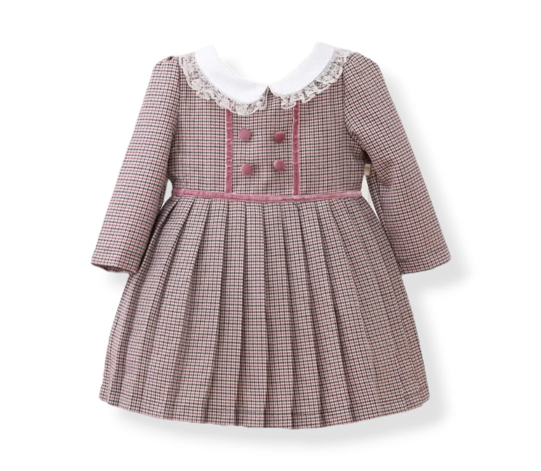 Vestido Cuello Peter Pan con Detalles en Terciopelo Rosa Palo