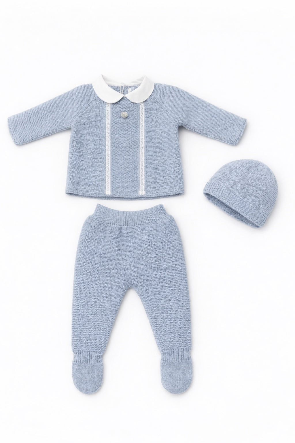 Conjunto Perle Celeste Grisaseo con Detalles en Nido de Abeja Cuello Peter Pan y Capota a Juego