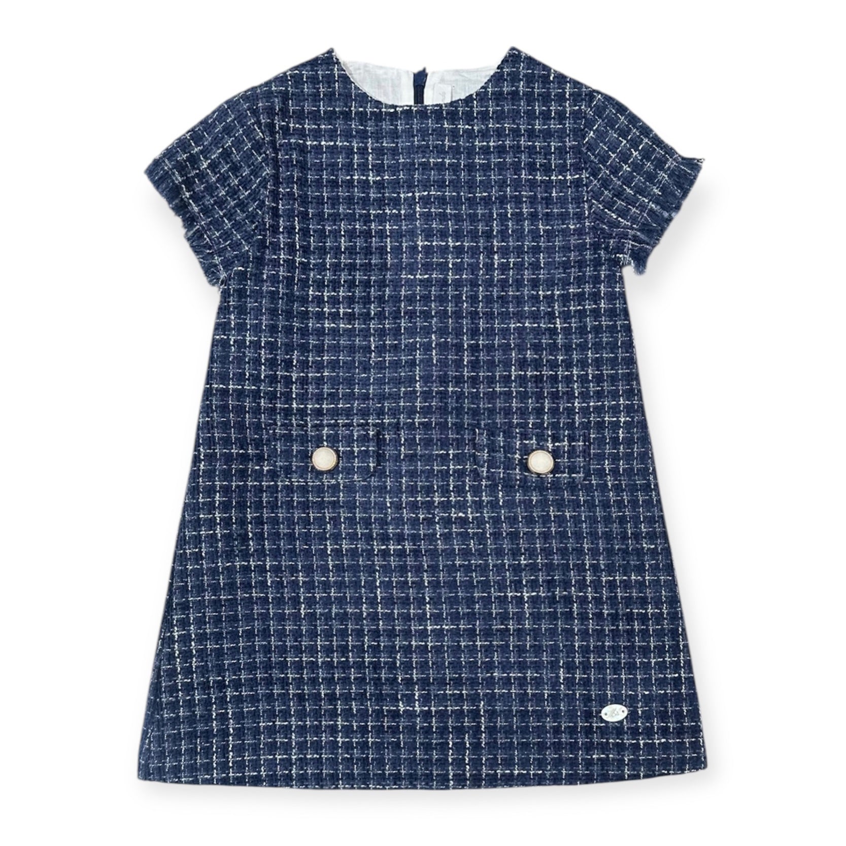 Vestido Tweed Azul Noche con Destellos Plateados y Botones de Terciopelo