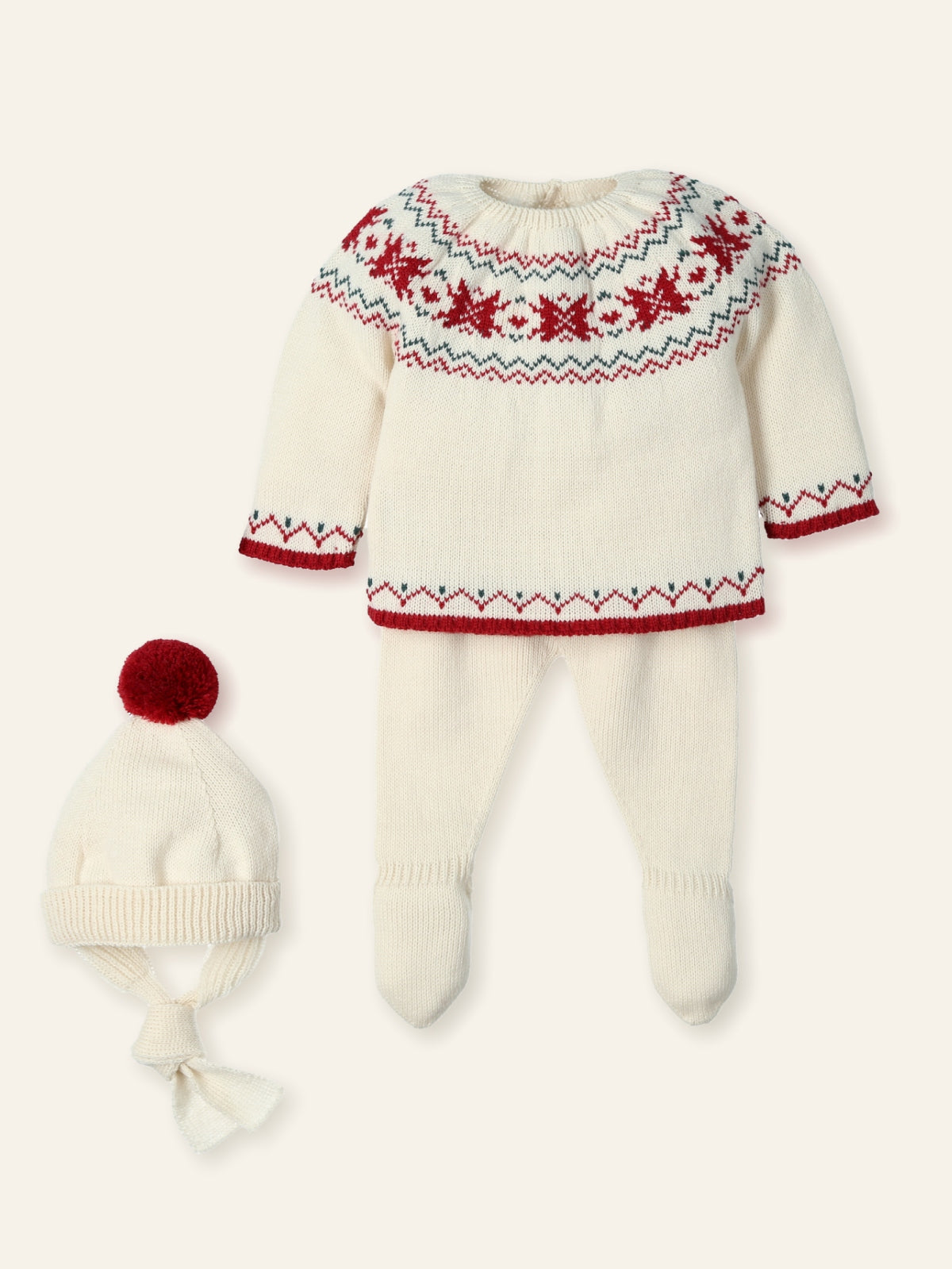 Conjunto Tejido 3 Piezas con Cuello Bordado y Cinta de Terciopelo Capota a Juego