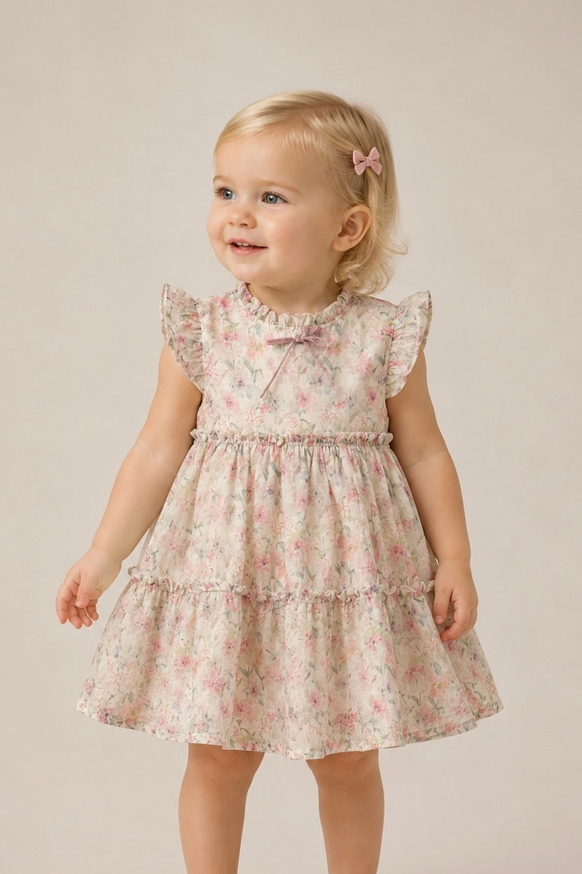 Vestido Estampado Floral Rosa con Capas y Lazo en Terciopelo