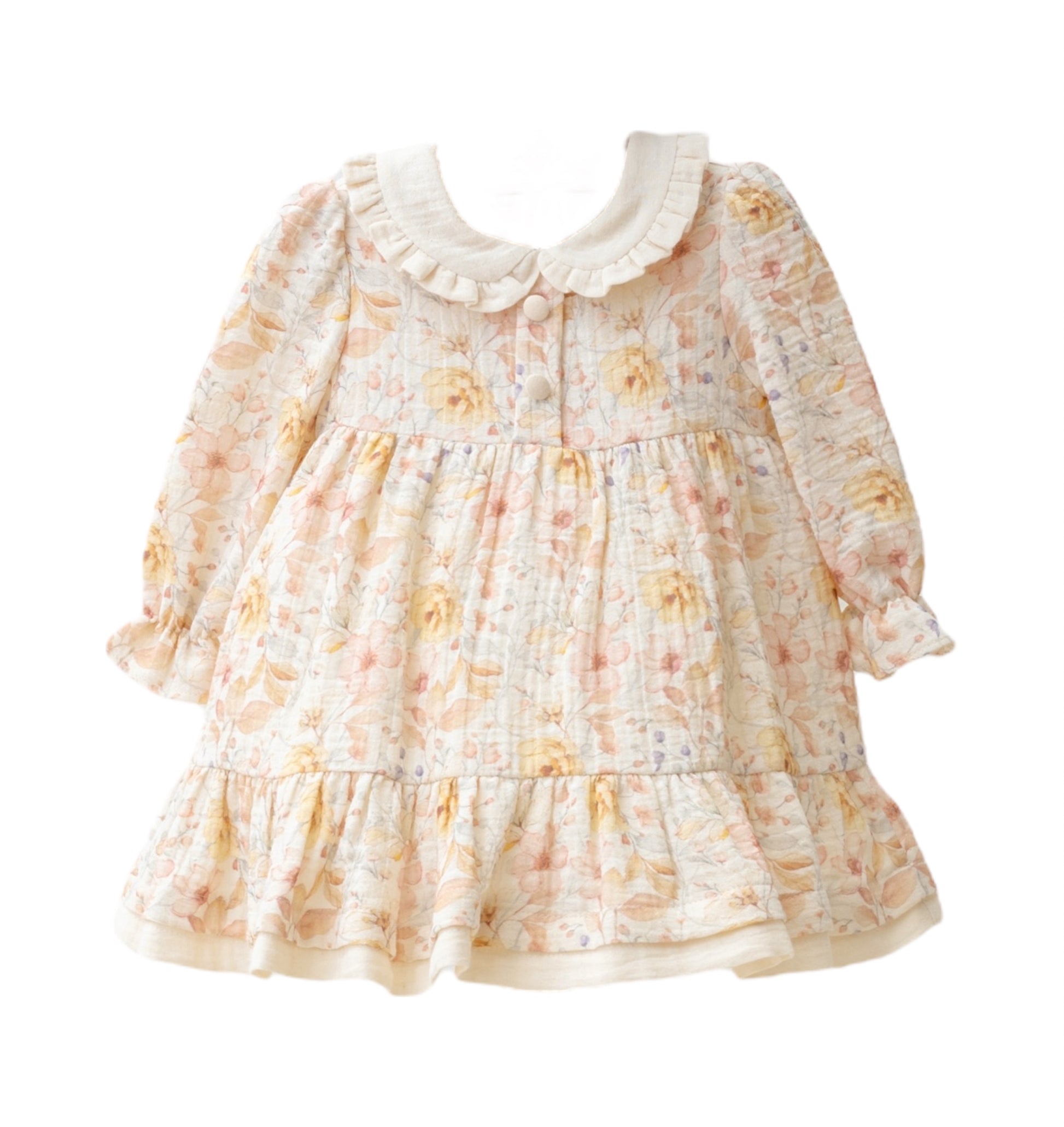 Vestido Manga Larga Floreado Cuello Peter Pan Crema
