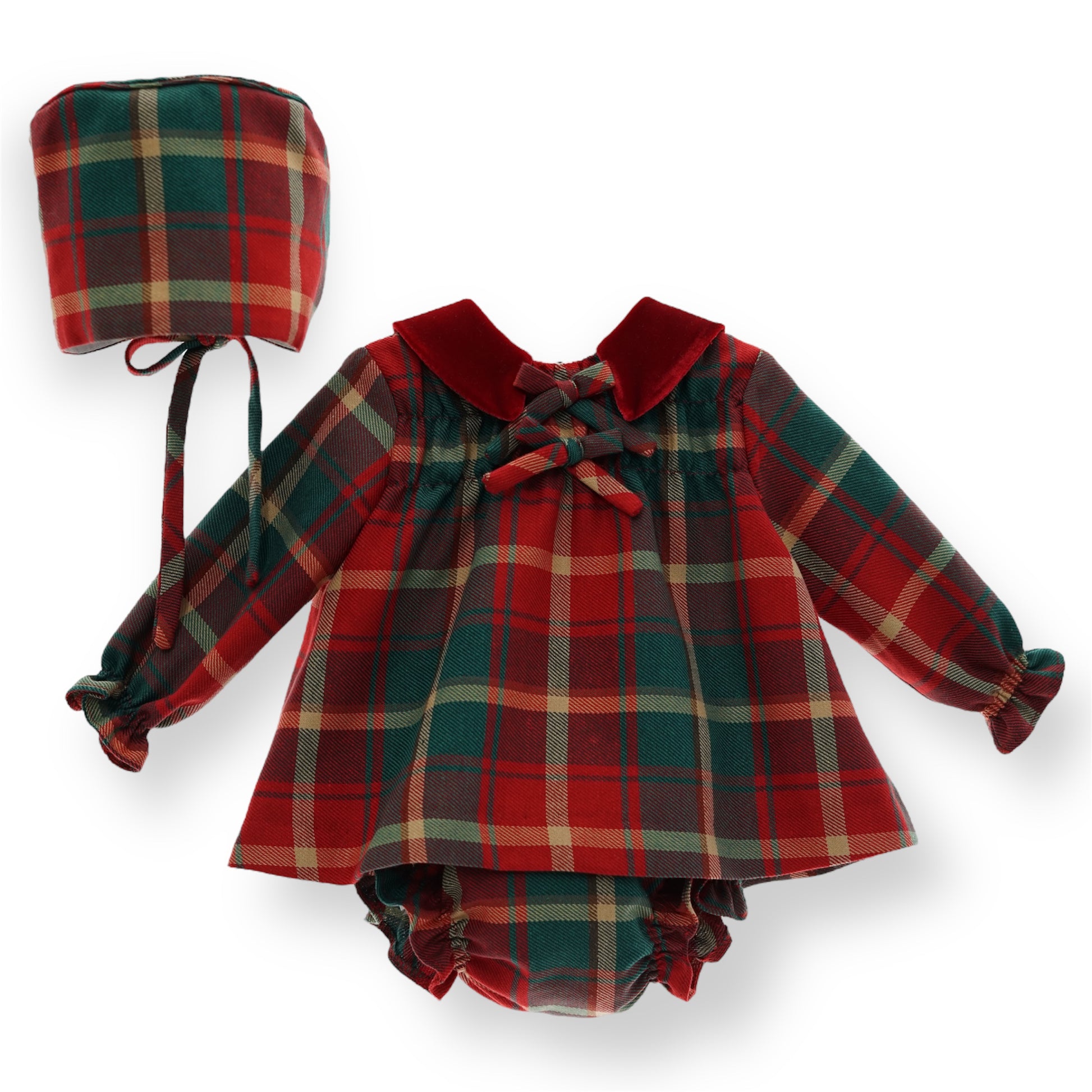 Jesusito Colección Tartan Verde y Rojo con Cuello de Terciopelo Rojo y Capota
