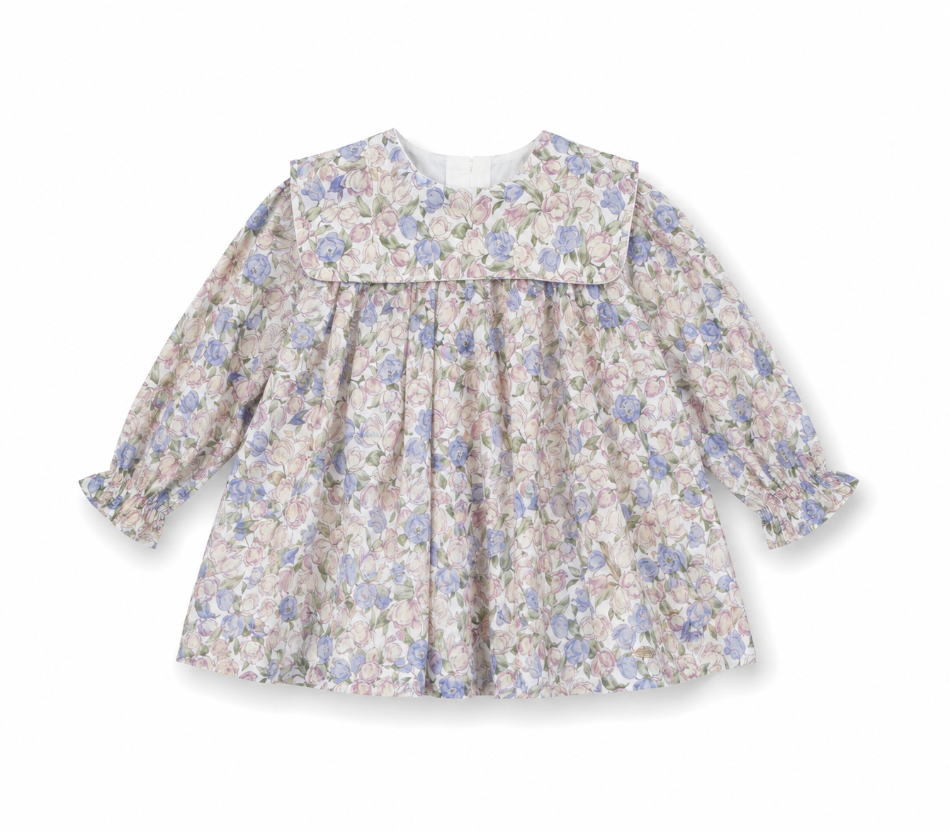 Vestido Estampado Tulipanes Rosas y Lila con Cuello Pechera